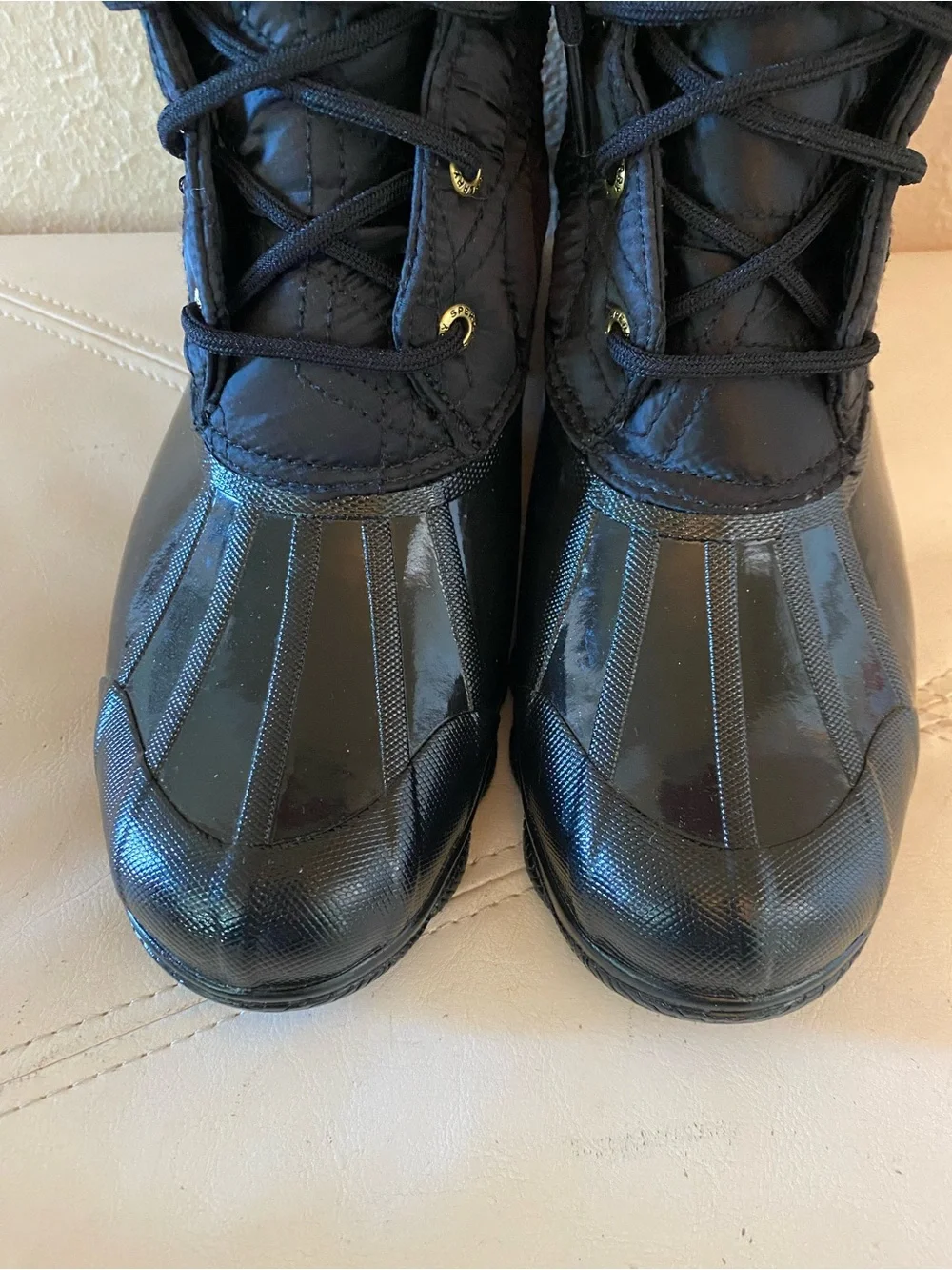 Sperry Syren Duck Boots Black Quilted Lace-Up Rain Ankle Boots Size 8.5